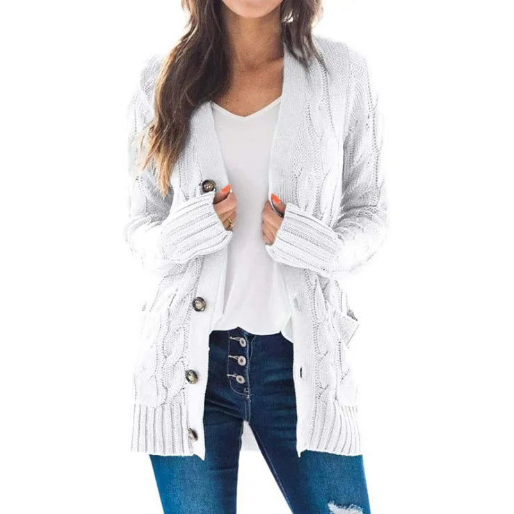 Women's Cable Knit Cardigan – Longline V Neck Button Front Sweater with Pockets