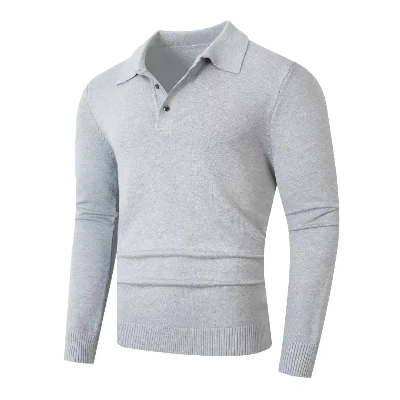 Men's Knitted Polo Jumper with Long Sleeves Ribbed Hem