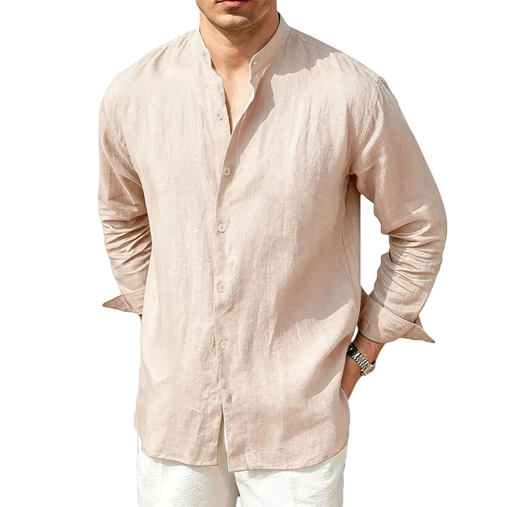 Men's Linen Button Front Mandarin Collar Shirt