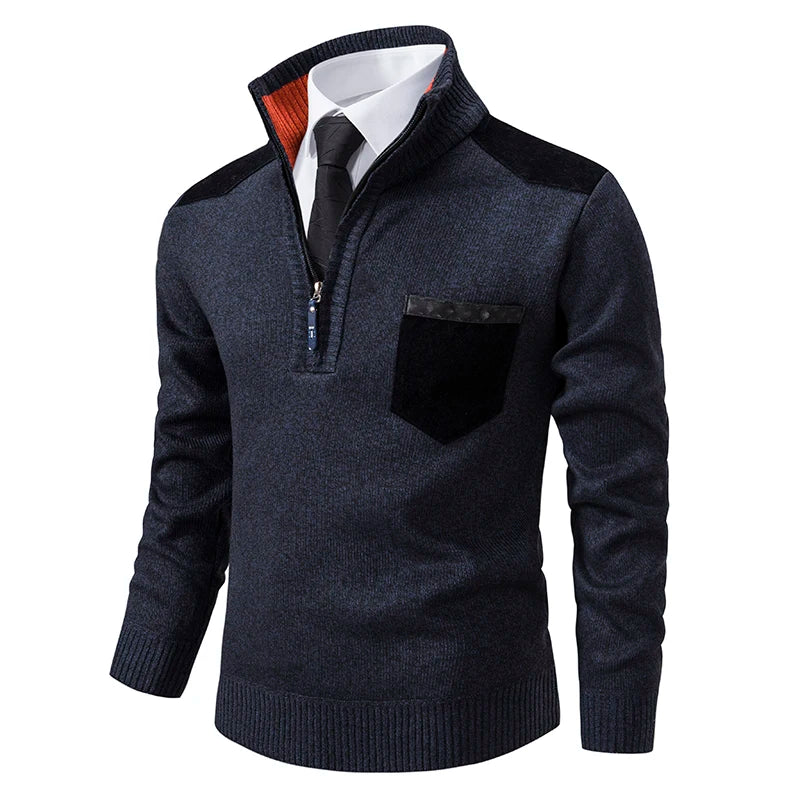 Men's Long Sleeve Pullover Sweater Quarter Zip Chest Pocket