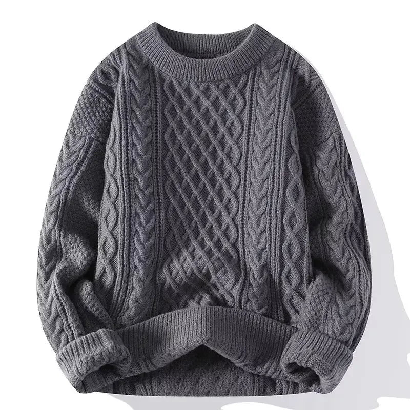 Men's Cable Knit Jumper with Textured Pattern and Ribbed Trims