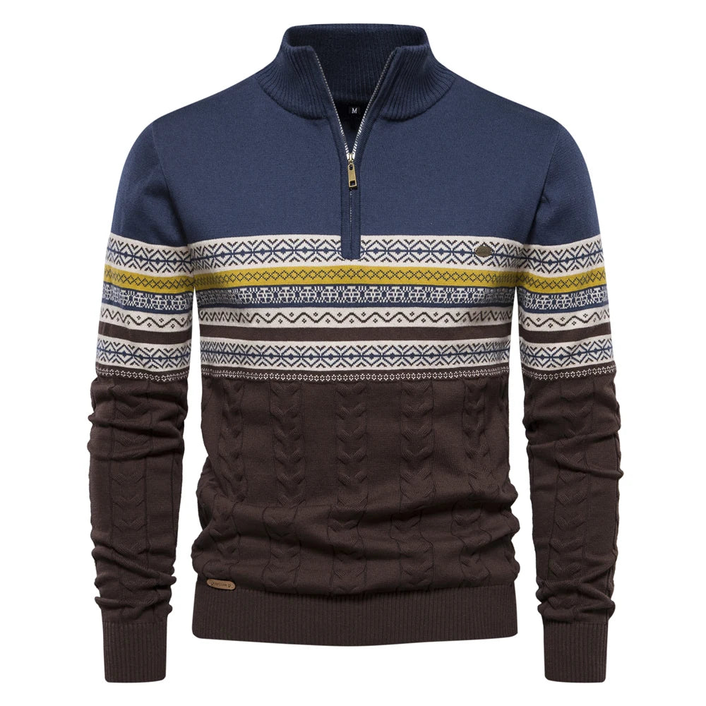 Men's Knitted Quarter Zip Jumper – Patterned Long Sleeve Sweater with Stand Collar