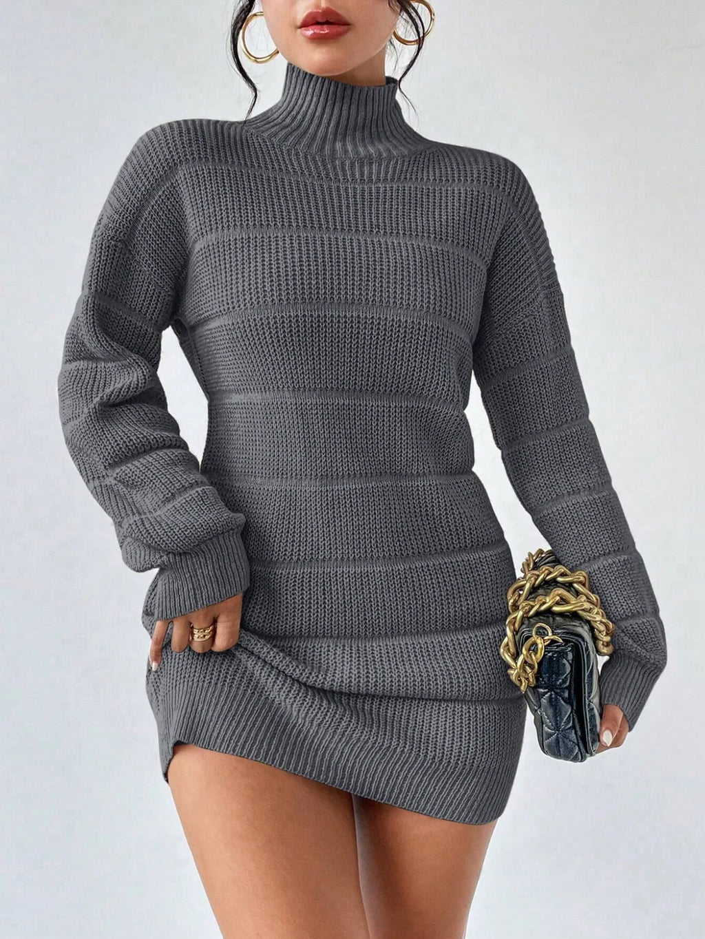 Women's Knitted Sweater Dress – Ribbed Turtleneck Mini Dress with Long Sleeves