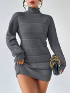 Women's Knitted Sweater Dress – Ribbed Turtleneck Mini Dress with Long Sleeves
