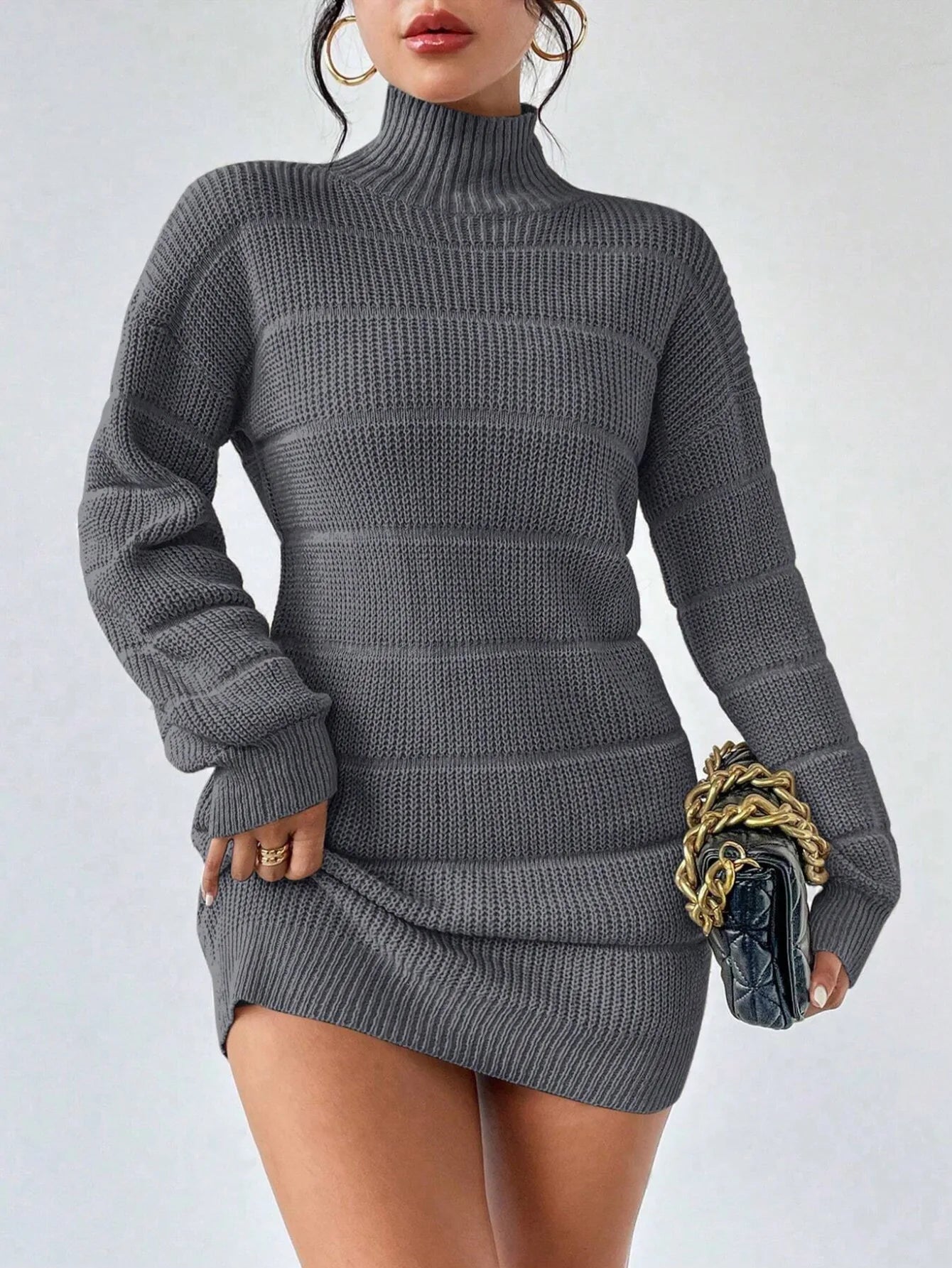 Women's Knitted Sweater Dress – Ribbed Turtleneck Mini Dress with Long Sleeves