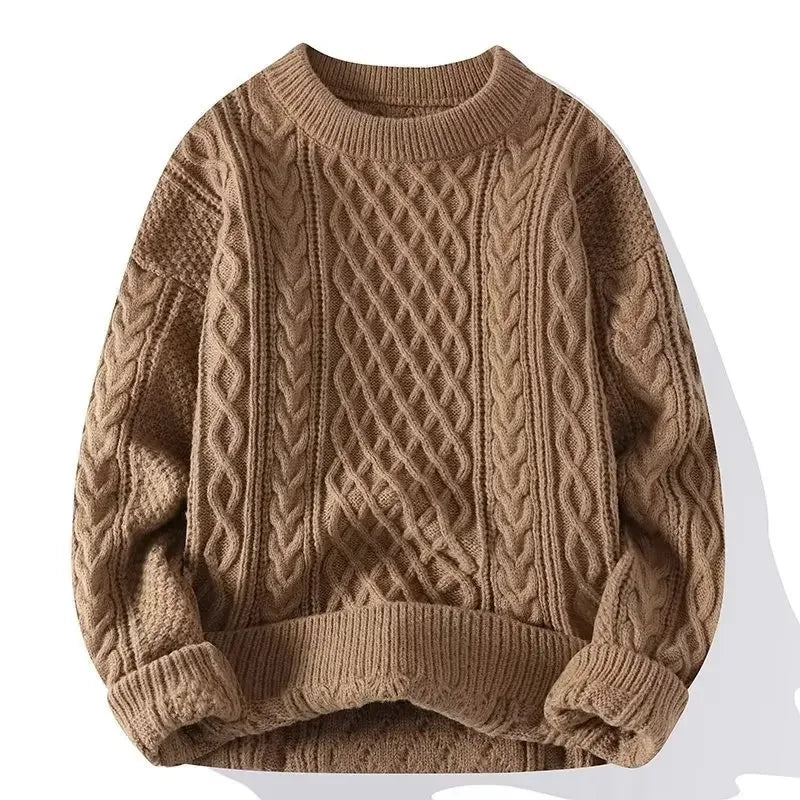 Men's Cable Knit Jumper with Textured Pattern and Ribbed Trims