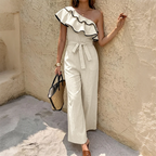 One Shoulder Ruffle Belted Jumpsuit