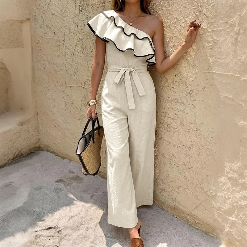 One Shoulder Ruffle Belted Jumpsuit