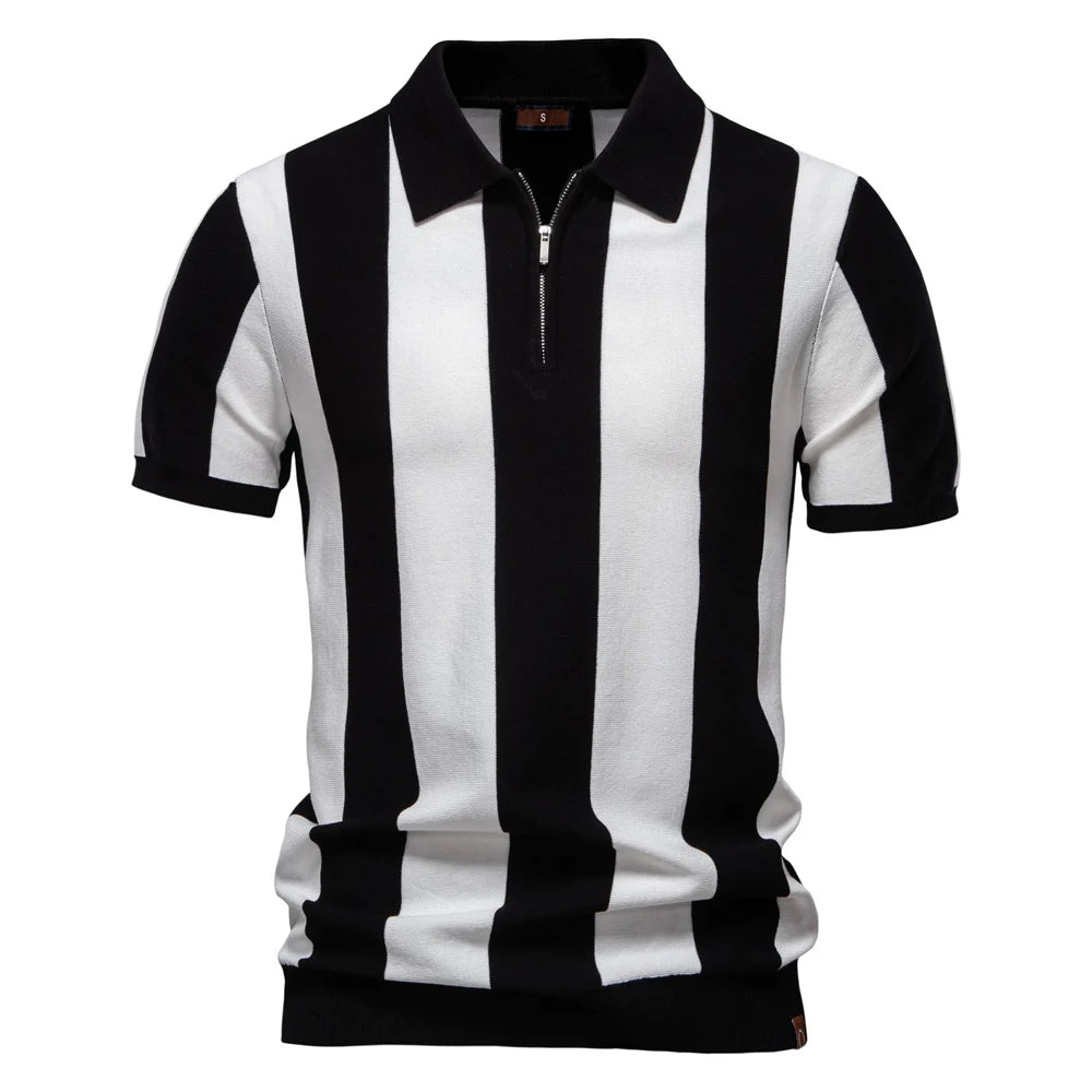 Men's Short Sleeve Striped Polo Shirt with Quarter Zip Collar