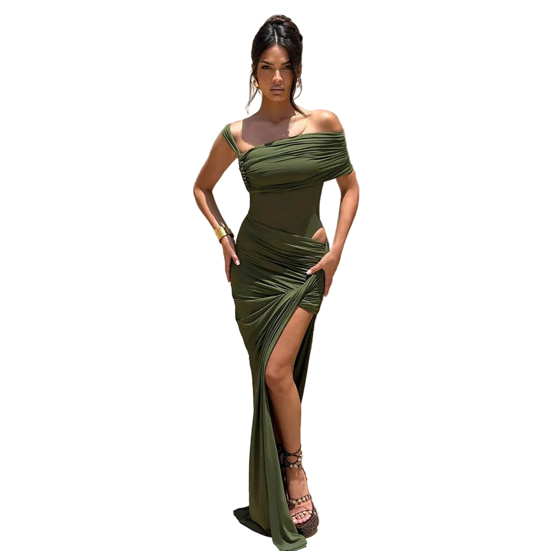 One Shoulder Ruched Maxi Dress With Drape Main image