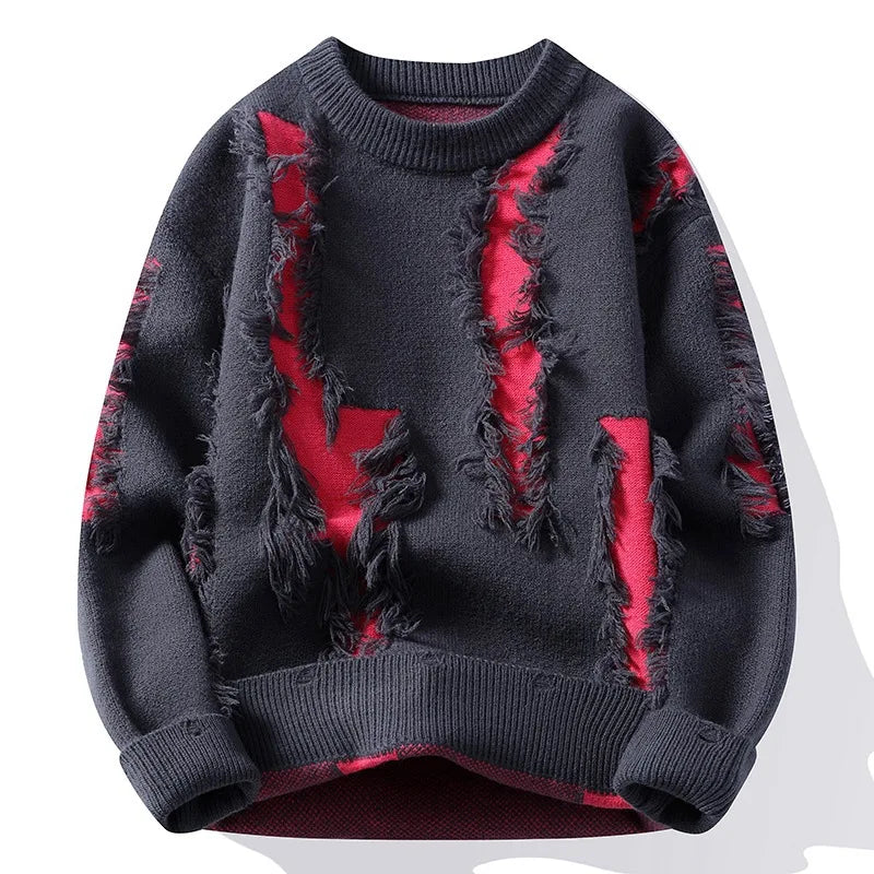Men's Distressed Knit Jumper with Textured Panel Detail