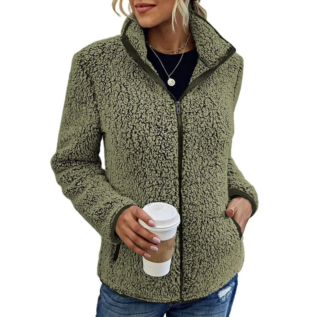 Women's Teddy Jacket – Full Zip High Collar Coat with Front Pockets