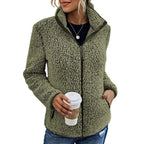 Women's Teddy Jacket – Full Zip High Collar Coat with Front Pockets