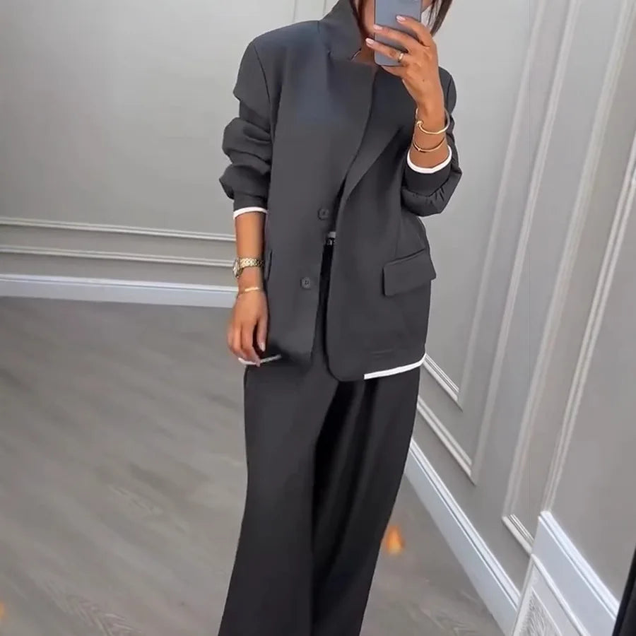 Women's Two Piece Suit Set with Blazer and Wide Leg Trousers – Long Sleeve