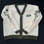 Women's Knitted Cardigan with Floral Embroidery – V Neck Long Sleeve Button Front Sweater