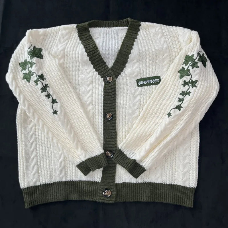 Women's Knitted Cardigan with Floral Embroidery – V Neck Long Sleeve Button Front Sweater