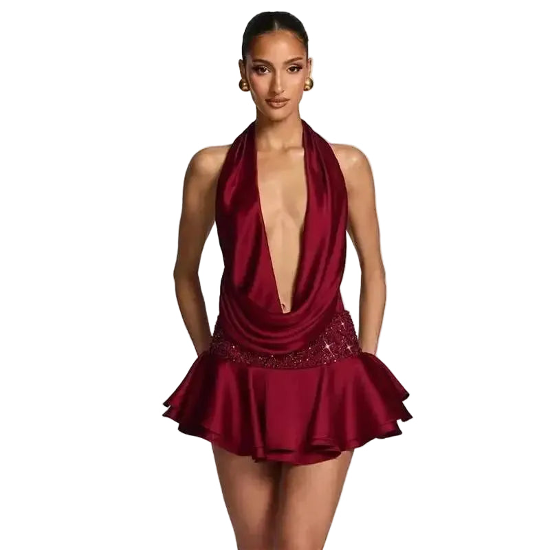 Halter Deep V Flare Dress Women