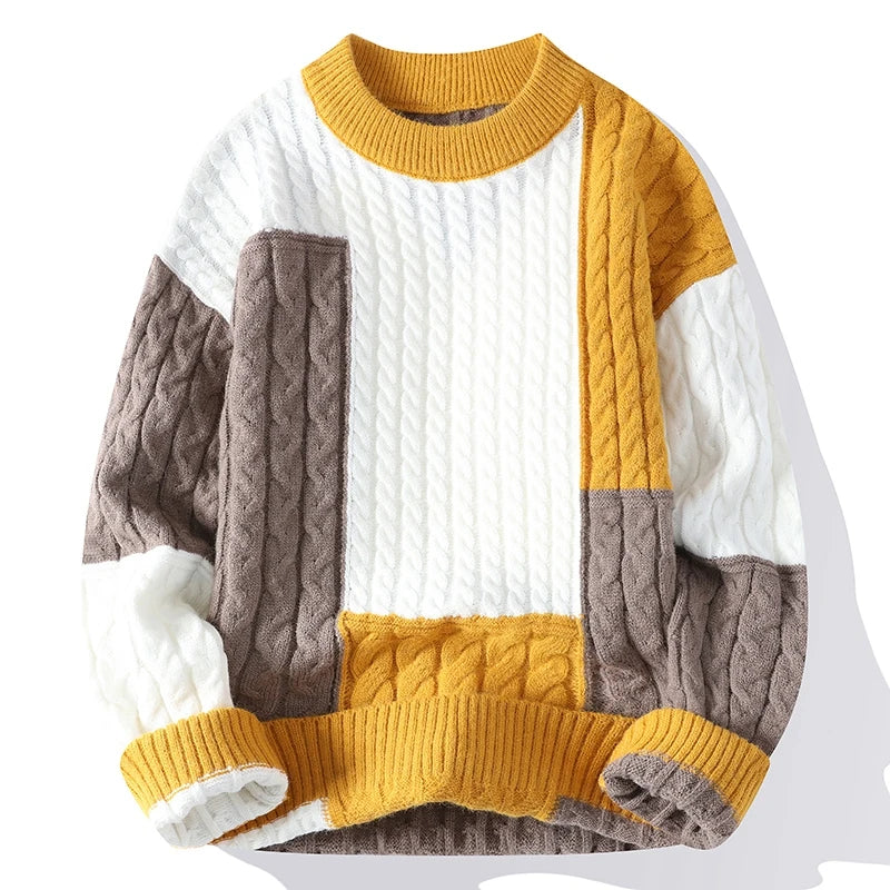 Men's Patchwork Knit Jumper with Cable Knit Panels