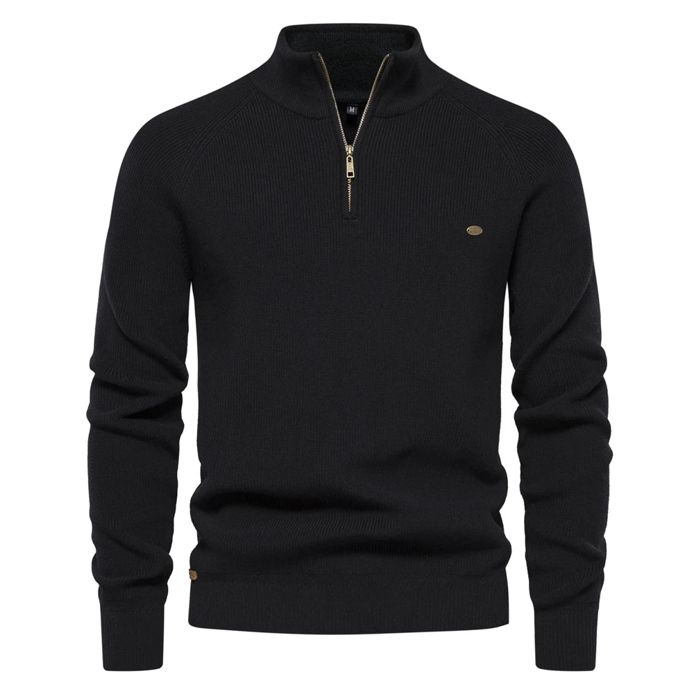 Men's Mock Neck Zip Sweater with Long Sleeve Design