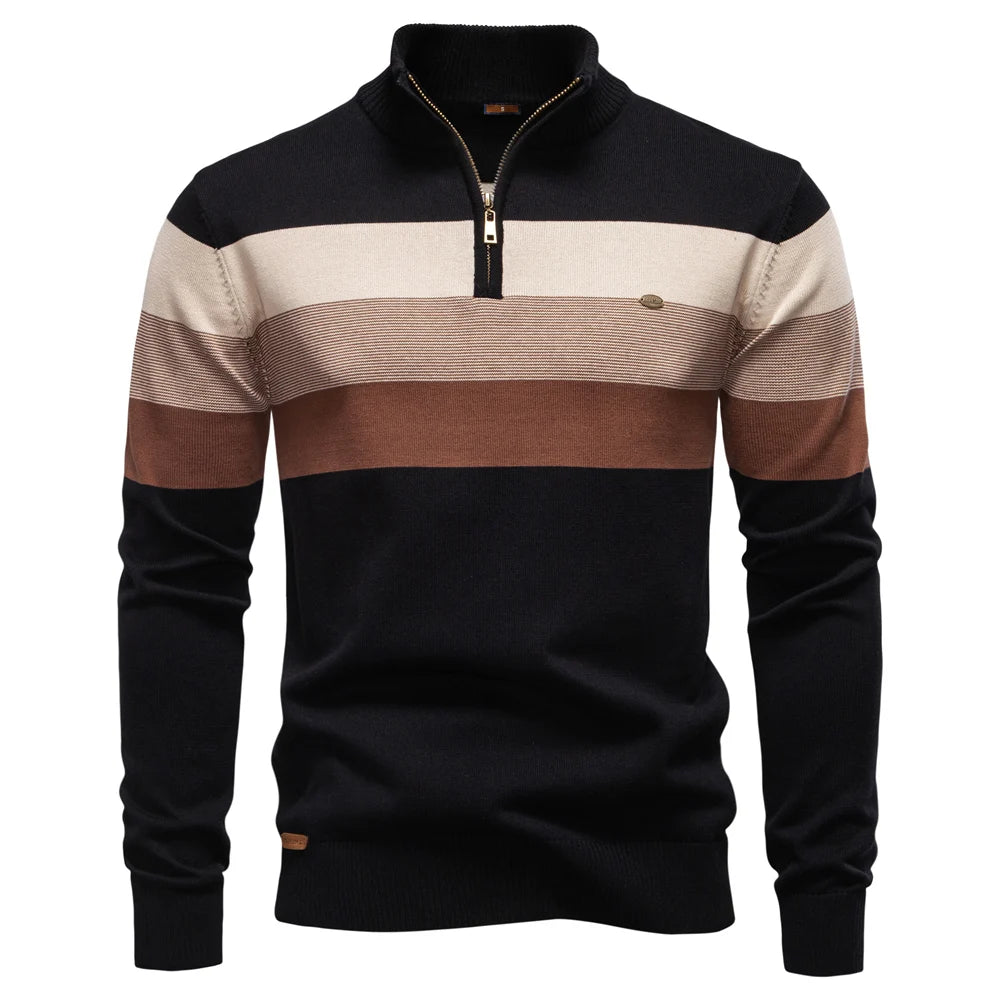 Men's Striped Quarter Zip Pullover Sweater with Ribbed Trim
