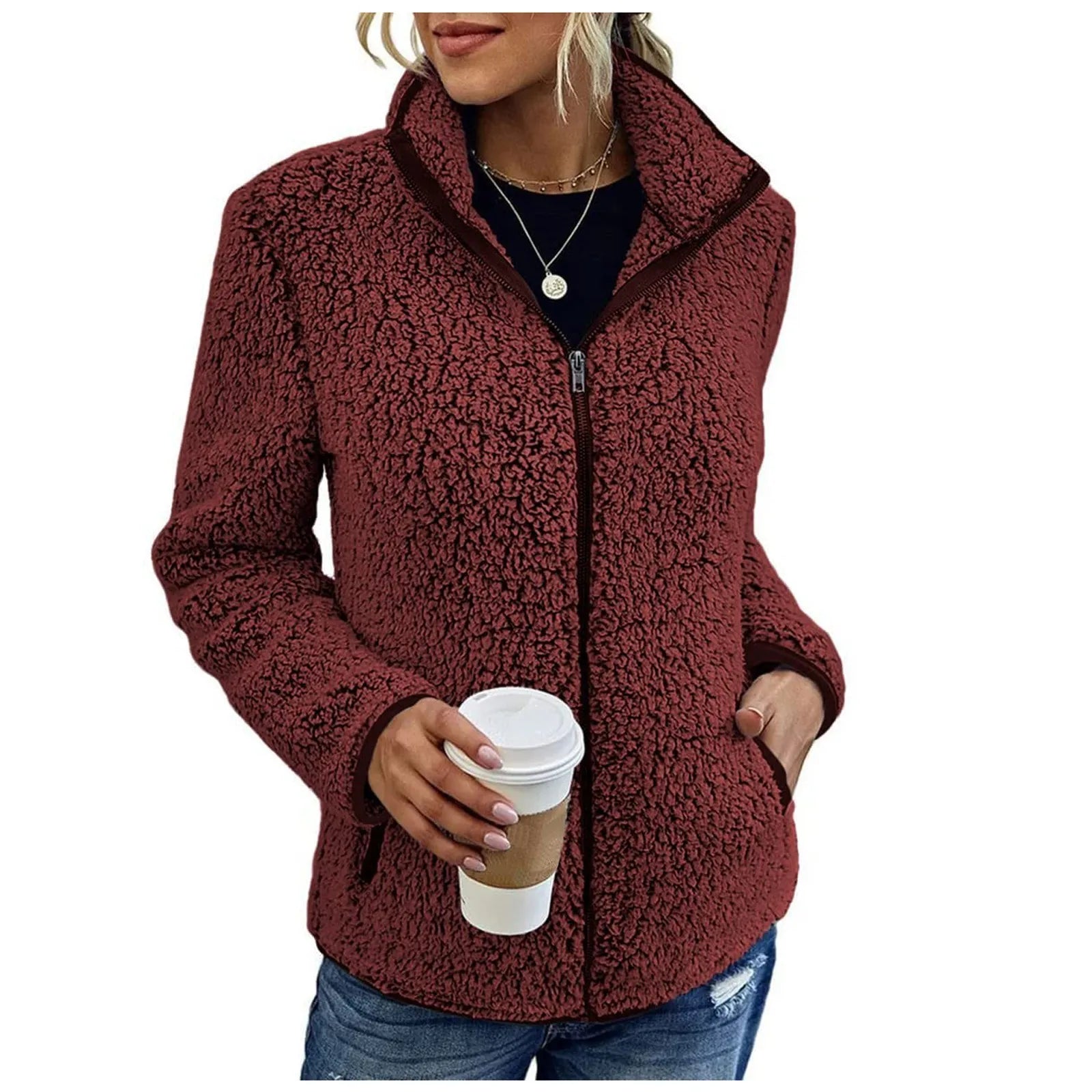 Women's Teddy Jacket – Full Zip High Collar Coat with Front Pockets