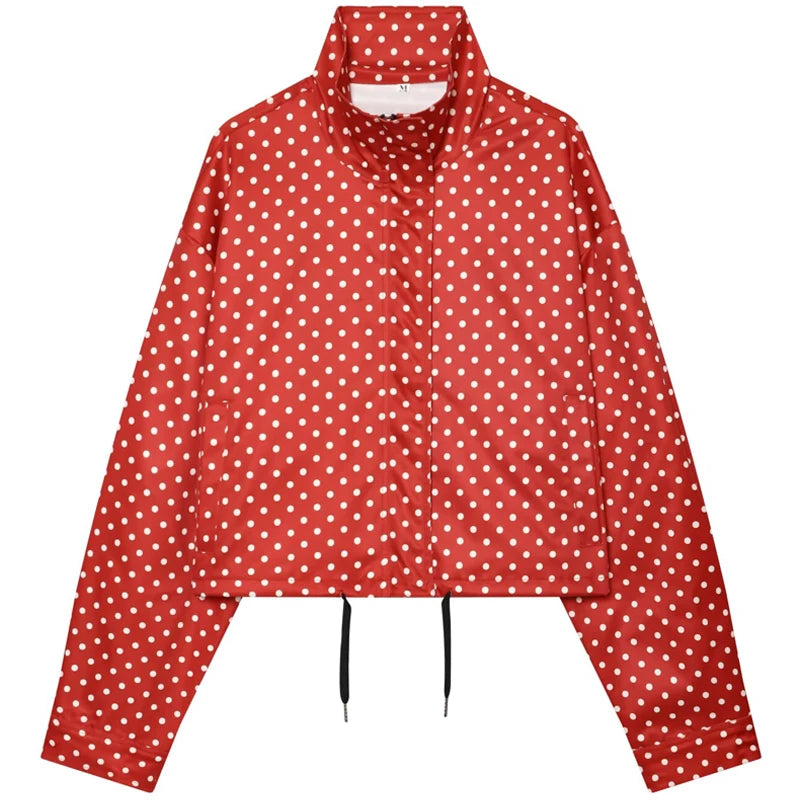 Women's Polka Dot Jacket – Cropped Hooded Zip Front Coat with Long Sleeves and Pockets