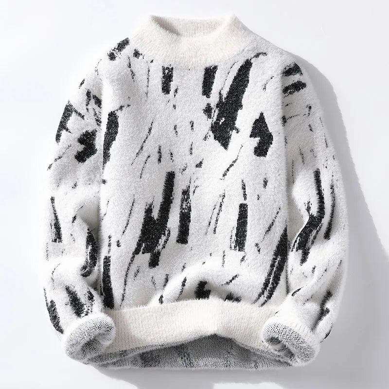 Men's Abstract Knit Jumper with Crew Neck Brushstroke Pattern
