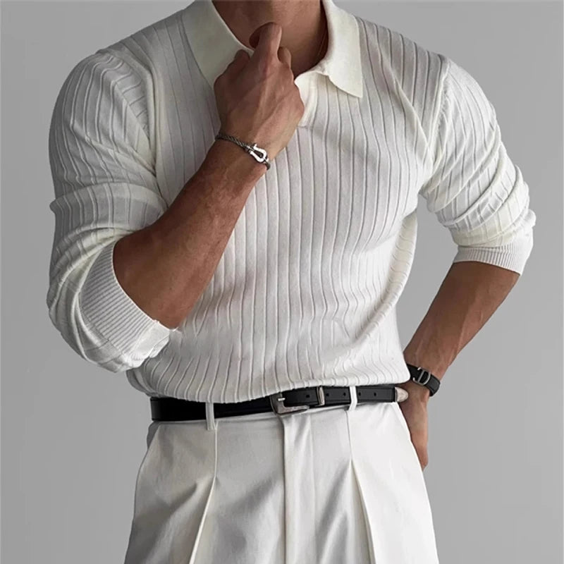 Ribbed Knit Polo Shirt Mens Top