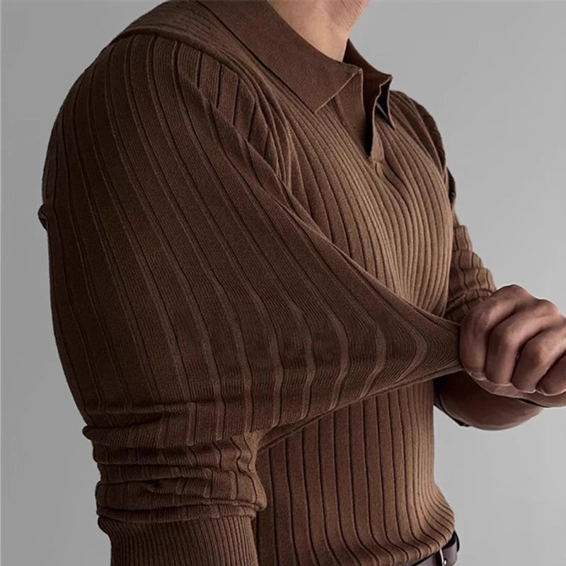 Ribbed Knit Polo Shirt Mens Top