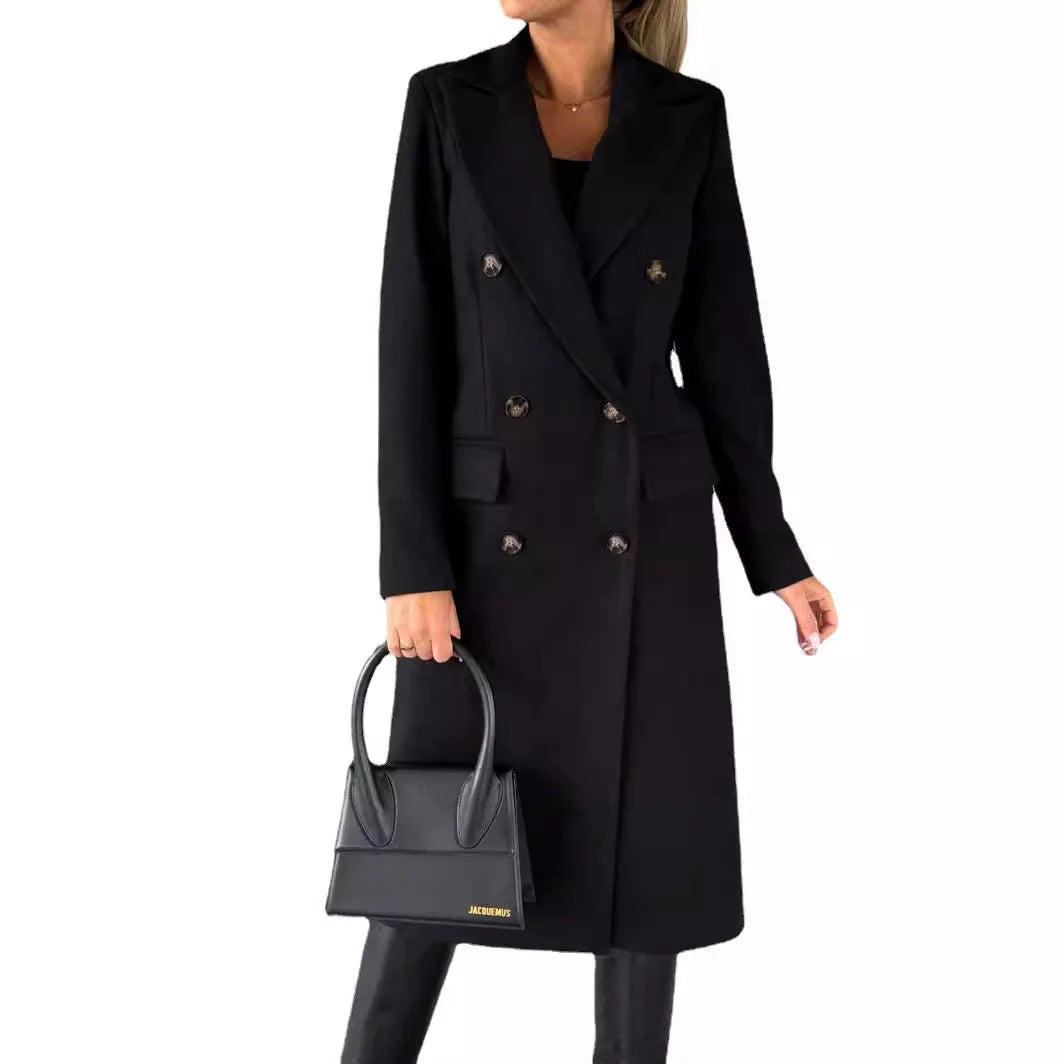 Women's Longline Double Breasted Coat – Long Sleeve Lapel Collar Button Front