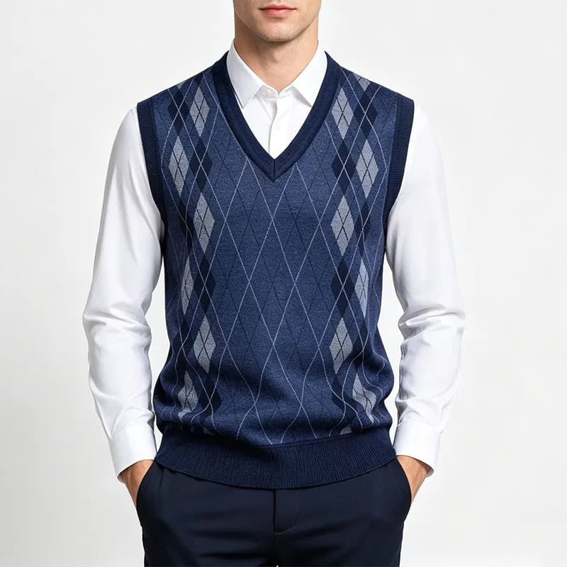 Men's Argyle Knit Gilet with V Neck Diamond Design