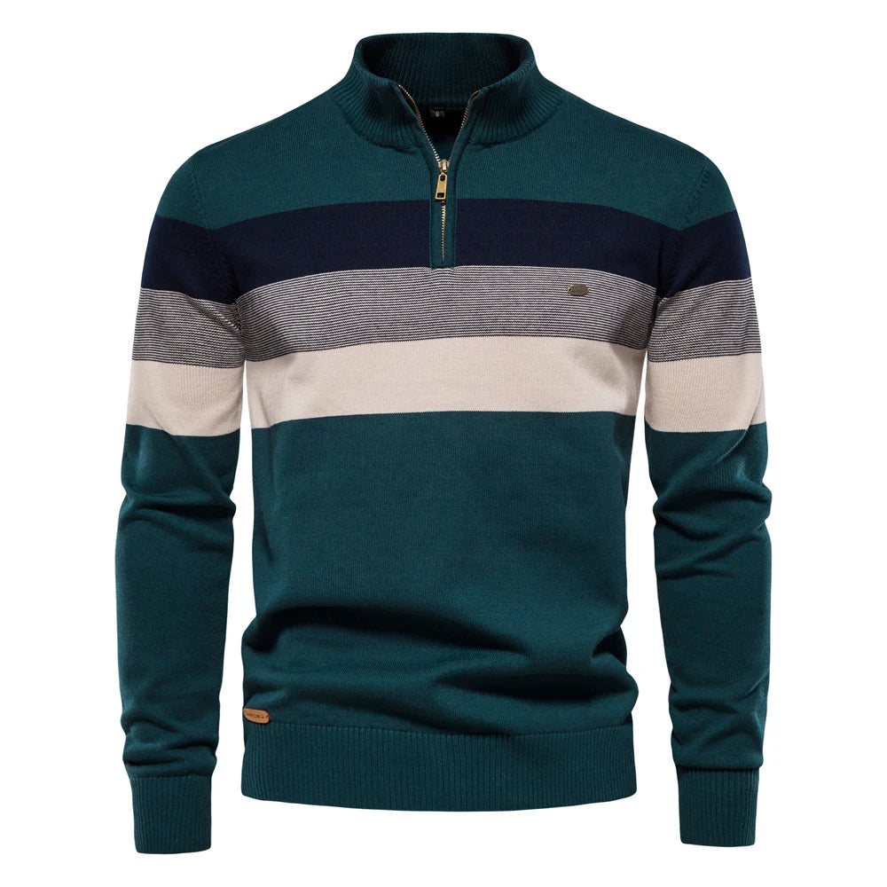 Men's Striped Quarter Zip Pullover Sweater with Ribbed Trim
