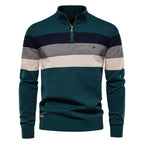 Men's Striped Quarter Zip Pullover Sweater with Ribbed Trim