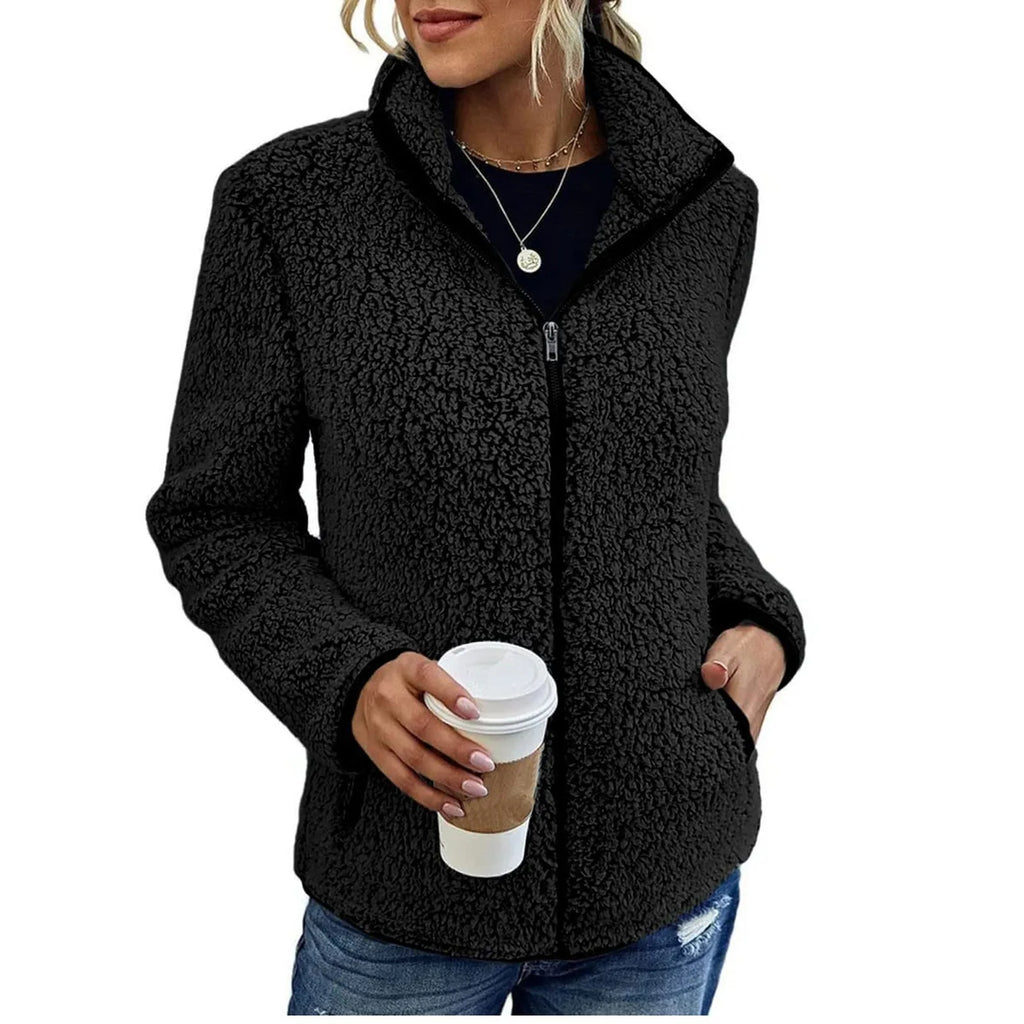 Women's Teddy Jacket – Full Zip High Collar Coat with Front Pockets