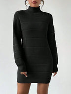 Women's Knitted Sweater Dress – Ribbed Turtleneck Mini Dress with Long Sleeves