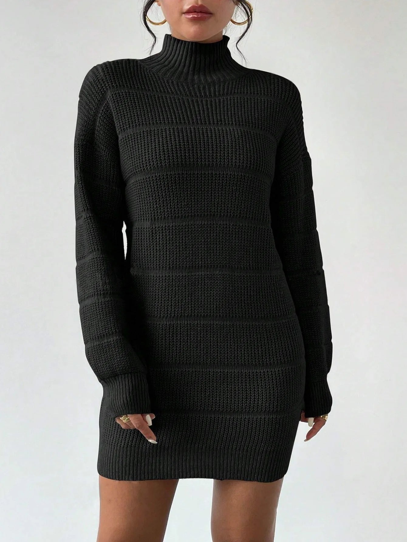 Women's Knitted Sweater Dress – Ribbed Turtleneck Mini Dress with Long Sleeves