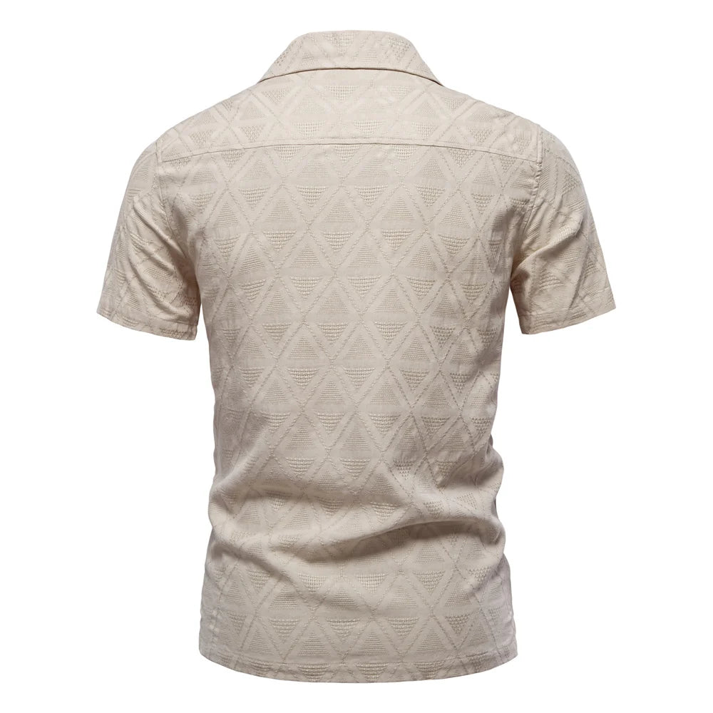 Men's Textured Button Front Camp Collar Shirt with Short Sleeves