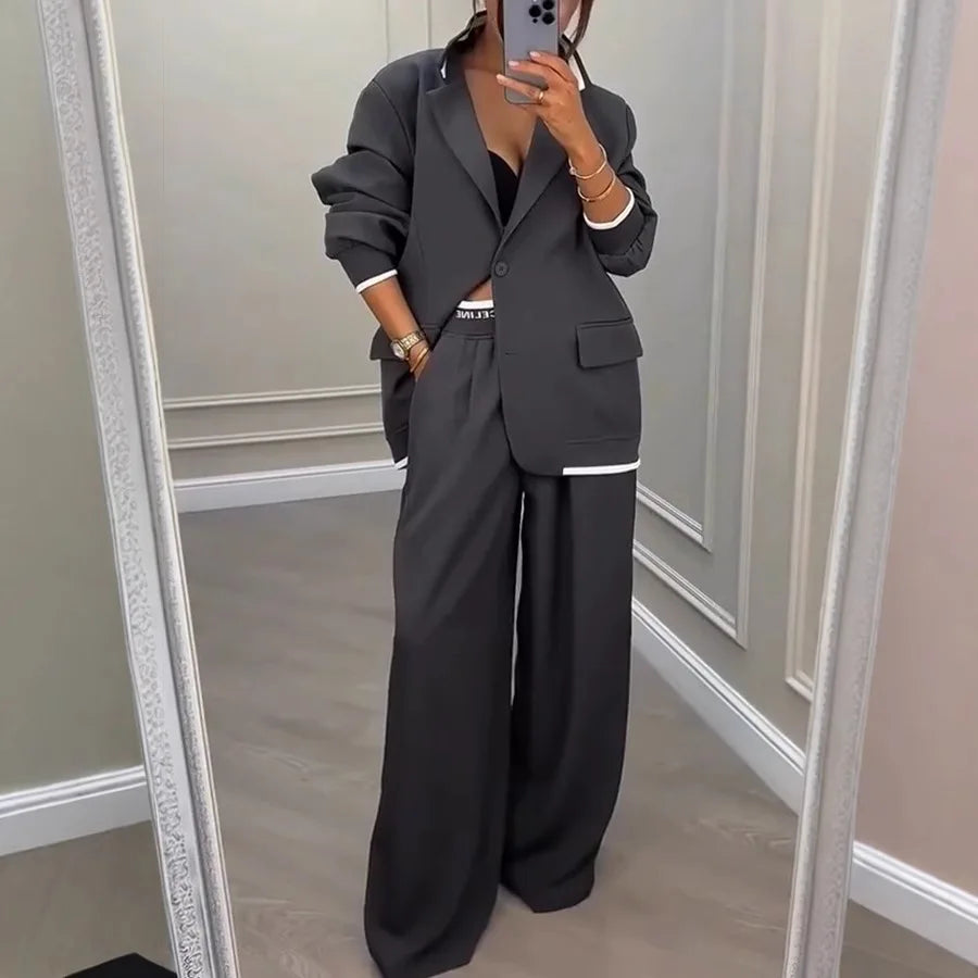 Women's Two Piece Suit Set with Blazer and Wide Leg Trousers – Long Sleeve