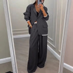 Women's Two Piece Suit Set with Blazer and Wide Leg Trousers – Long Sleeve