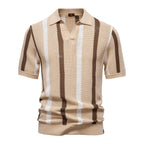 Men's Striped Short Sleeve Polo Shirt with Open Collar