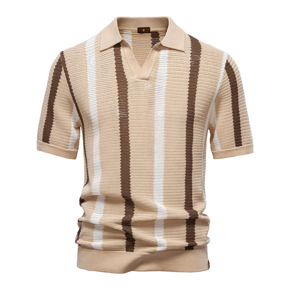 Men's Striped Short Sleeve Polo Shirt with Open Collar