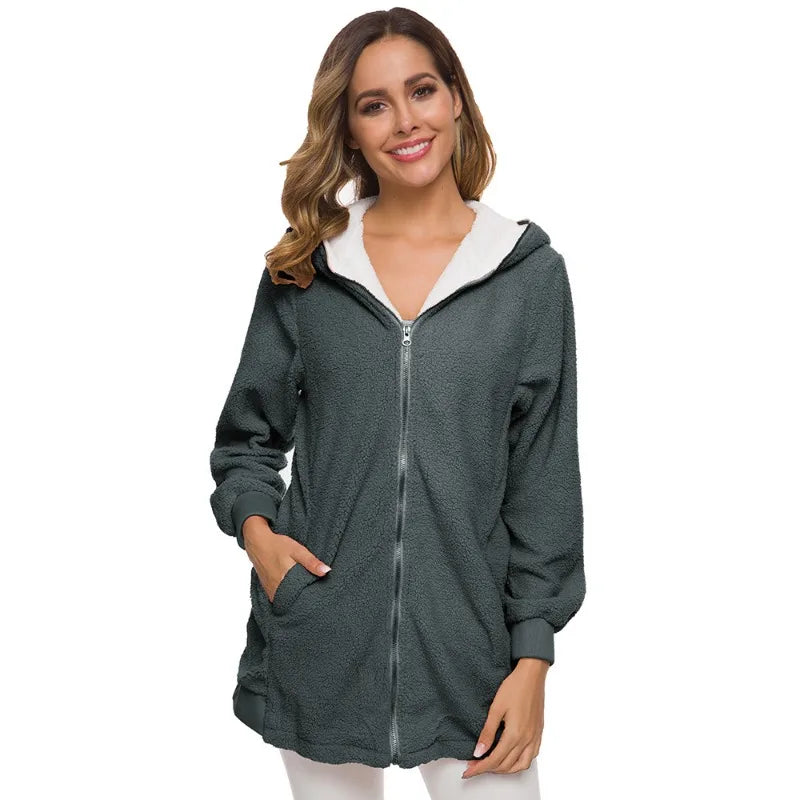 Women's Fleece Hooded Jacket – Longline Full Zip Warm Winter Coat