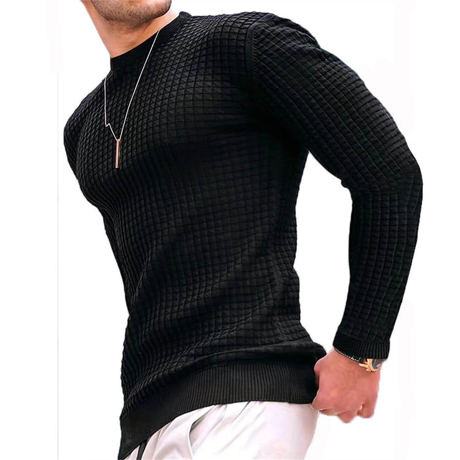 Men's Grid Pattern Crew Neck Knit Jumper
