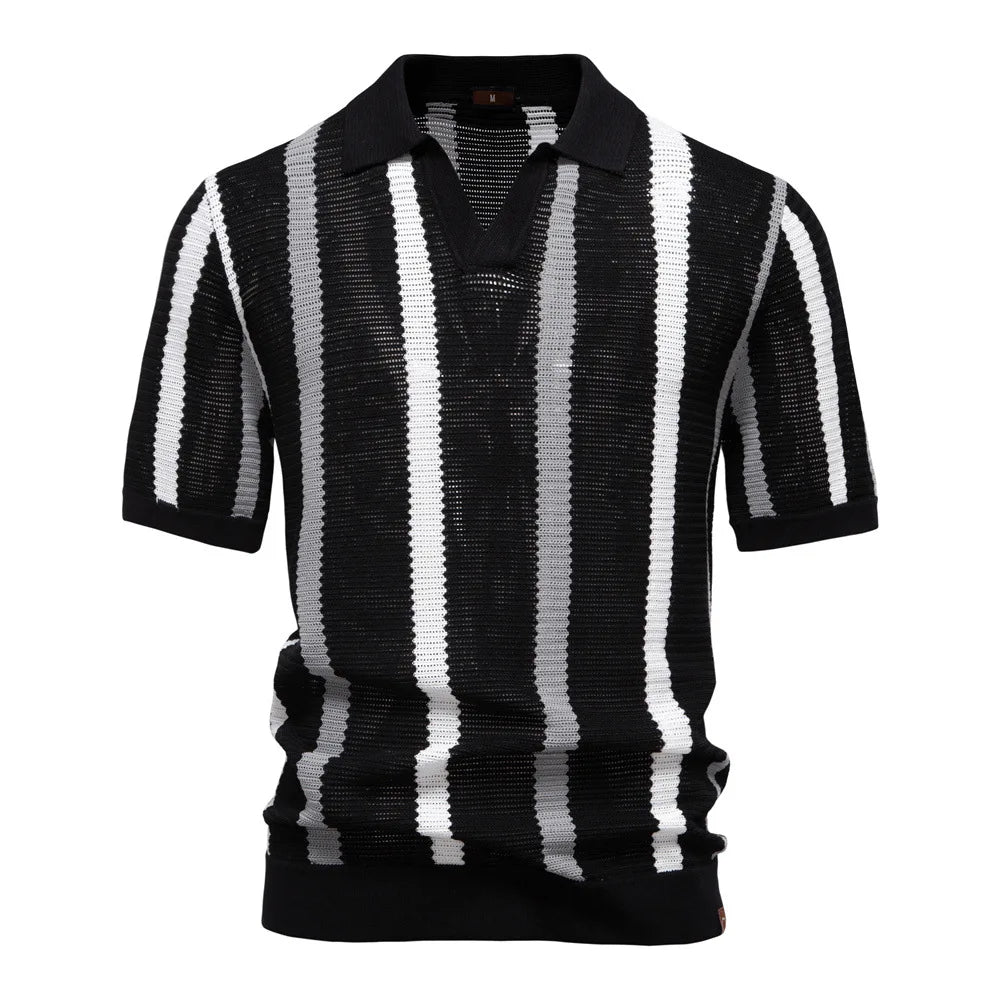 Men's Striped Short Sleeve Polo Shirt with Open Collar