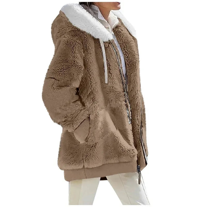 Women's Fleece Zip Up Teddy Coat – Hooded Plush Jacket for Cold Weather with Pockets