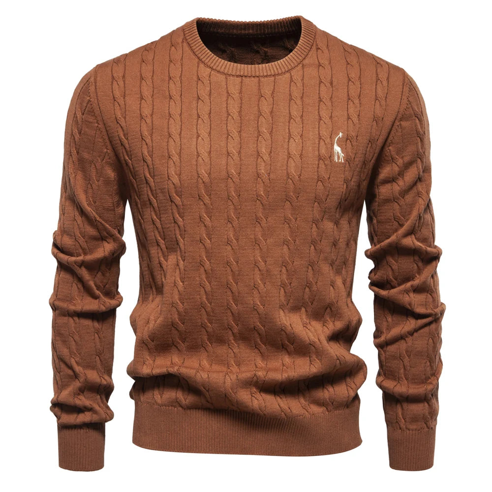 Men's Cable Pattern Sweater Ribbed Hem Crewneck Pullover