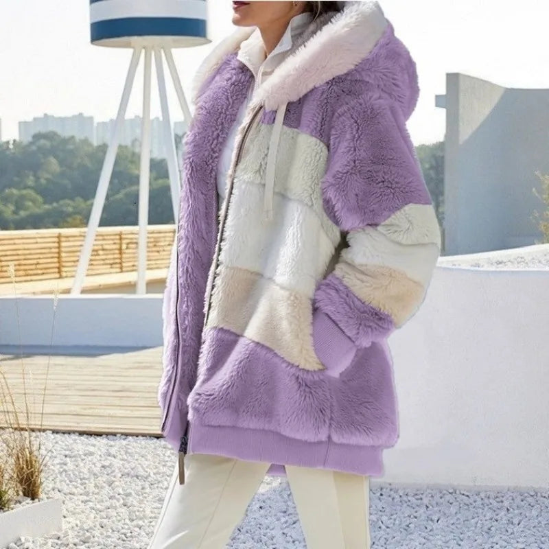 Women's Teddy Fleece Hooded Jacket – Zip Front Long Sleeve Winter Coat with Pockets