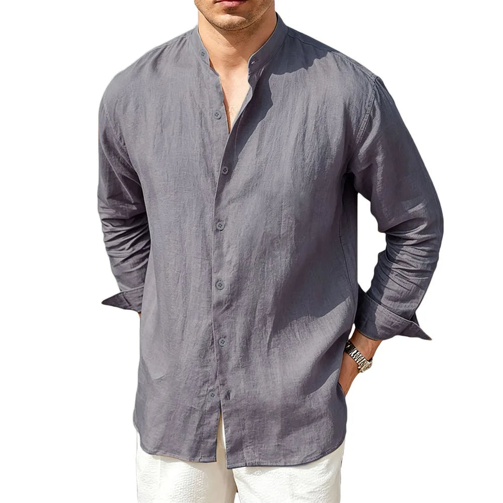 Men's Linen Button Front Mandarin Collar Shirt
