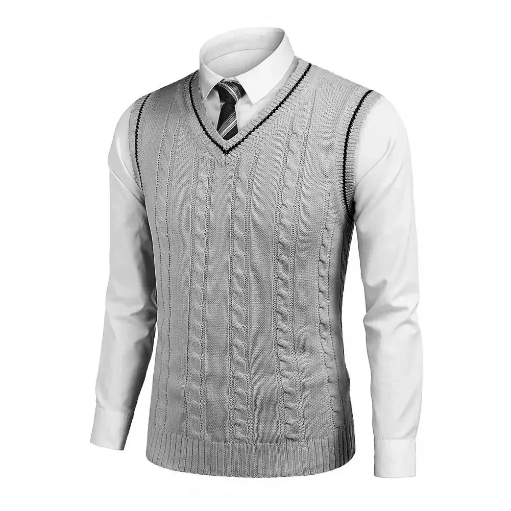 Men's Cable Knit Gilet with V Neck and Contrast Trim