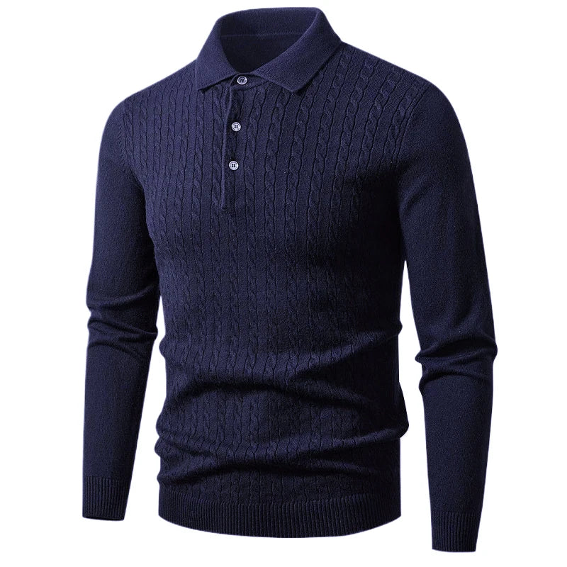 Men's Cable Knit Button Neck Collared Jumper